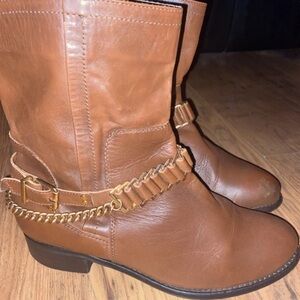 River Island Brown Heeled Boots with Gold Chain